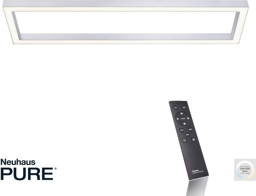 LED-taklampe PURE Lines, 110 x 30 cm, sølv, CCT, fjernkontroll