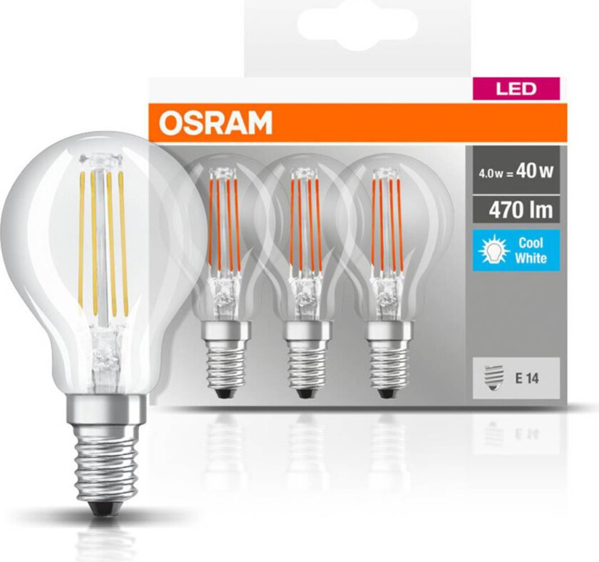 OSRAM LED-pære E14 P40 4 W filament 827 470lm 3stk