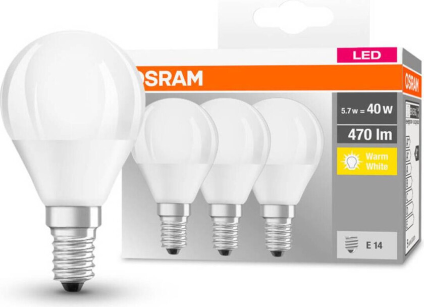 OSRAM LED-dråpepære E14 P40 4,9W 2 700 K 470lm 3st