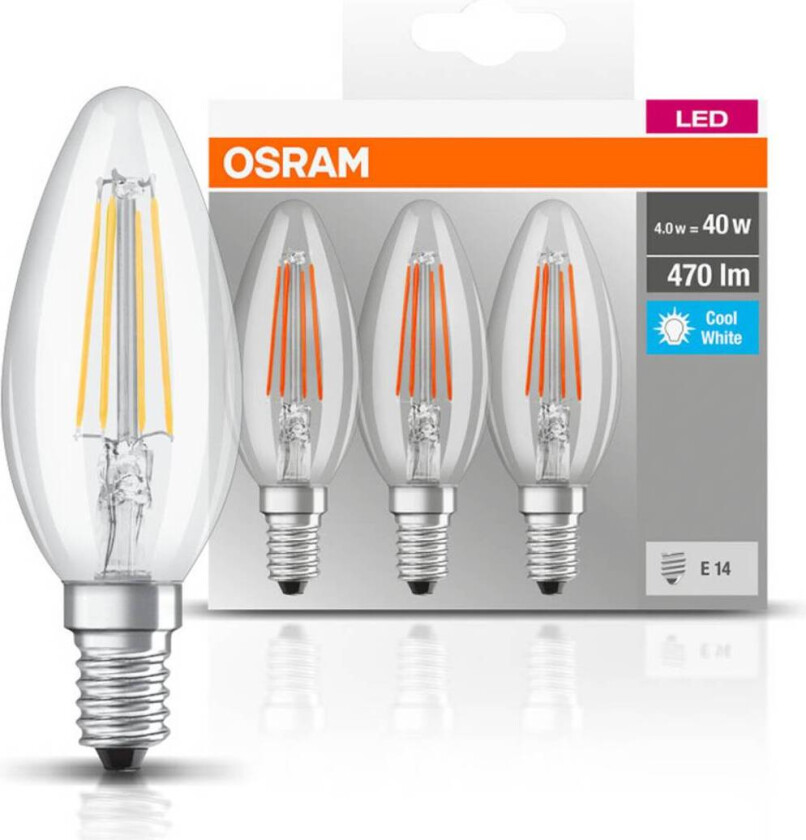 OSRAM LED-mignonpære E14 4W fil. 4 000 K 470lm 3er