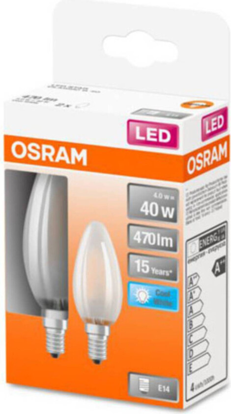 OSRAM Classic B LED-pære E14 4 W 4 000 K matt 2-er