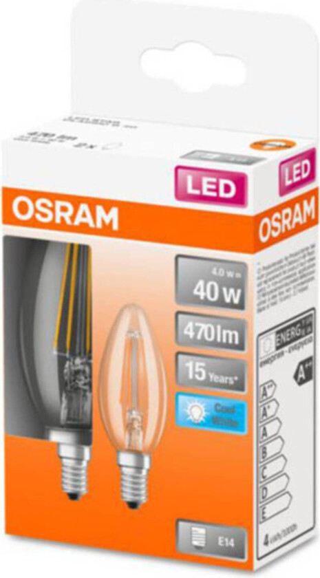 OSRAM Classic B LED-pære E14 4 W 4 000 K klar 2-er
