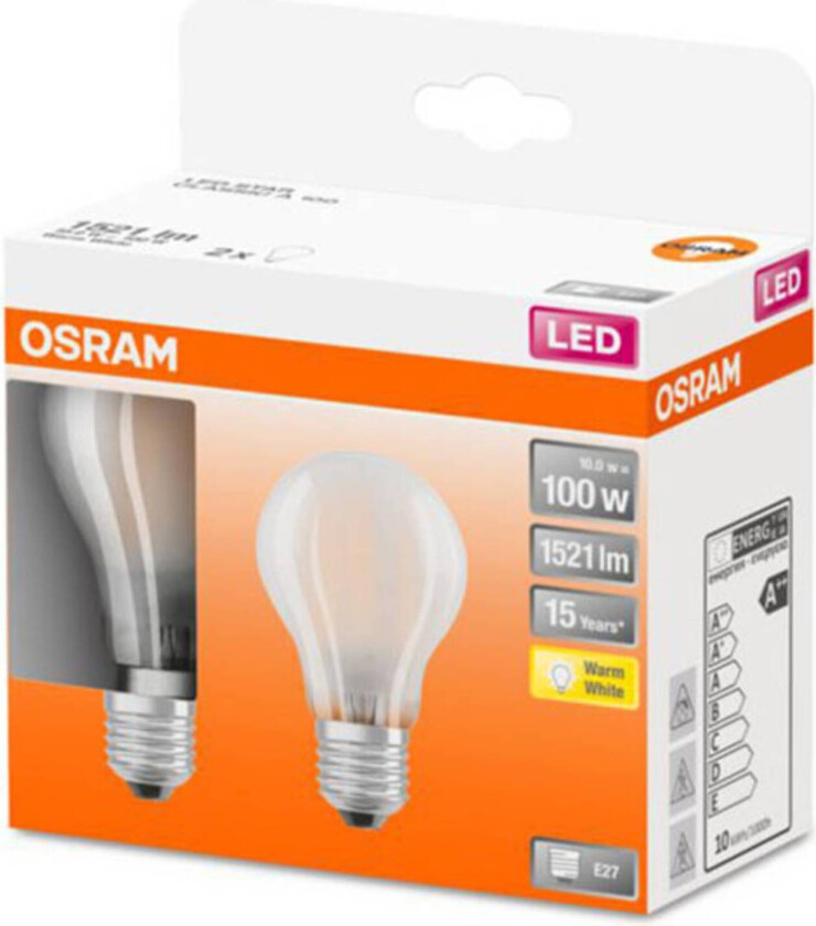 OSRAM Classic A LED-pære E27 11W 2 700K matt 2stk