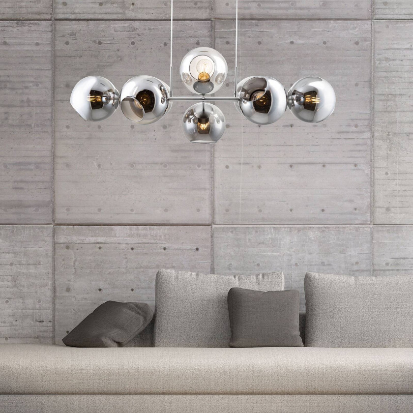 Pilar pendellampe i glass, åtte lys, røykgrått