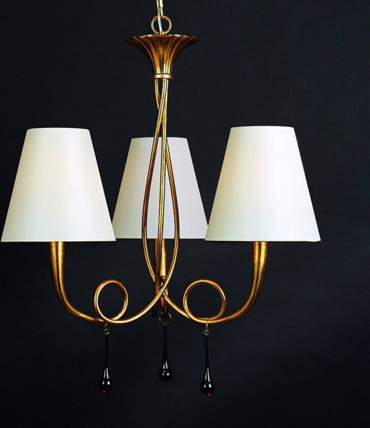 Paola 3 fl. pendellampe i gull med tekstilskjermer