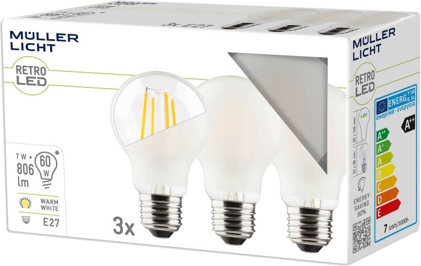 LED-pære E27 7W 827 matt 3-pakning