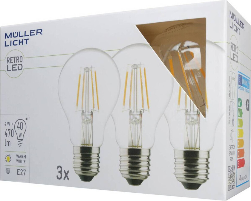 E27 4 W LED-pære filament 2 700 K 3er sett 470lm