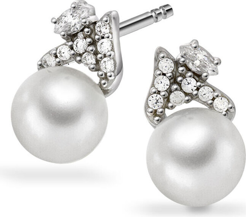 , Øredobber i 585 hvitt gull med ferskvannsperler og zirkonia