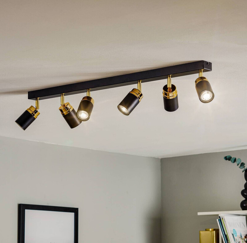 Reno takspotlight, seks lamper, svart/gull