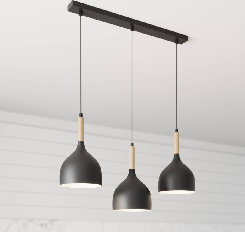 Hengelampe Noak 3-lys lang svart/tre naturell