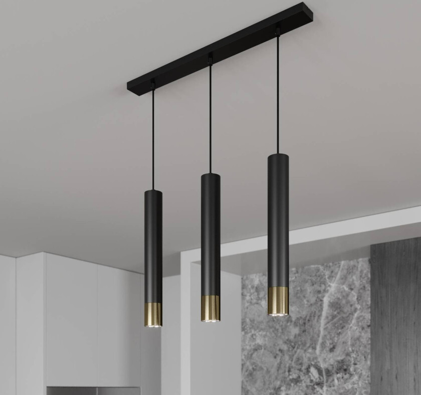 Nest pendellampe med tre lys, lineær, svart/gull