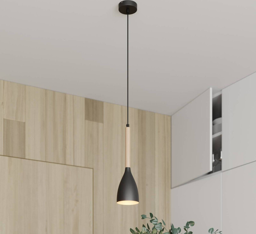 Muza pendellampe, enkeltlys, svart/lyst treverk