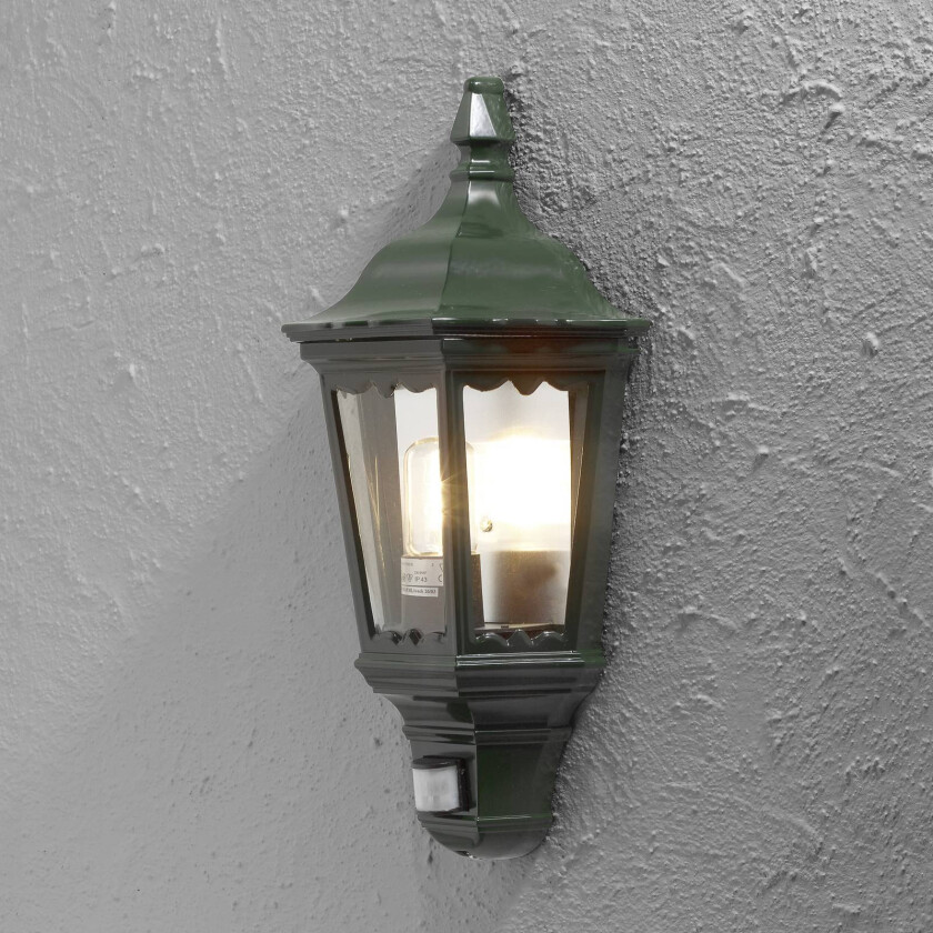Utendørs vegglampe Firenze halvskål, sensor, grønn
