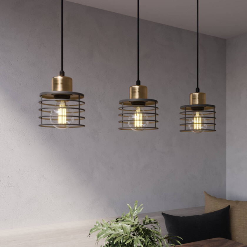 Edison-hengelampe i svart/kobber, 3-lys lang