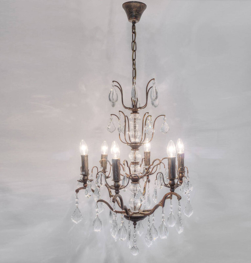 Lysekrone Cristallo 6 lyskilder i antikk gull-brun