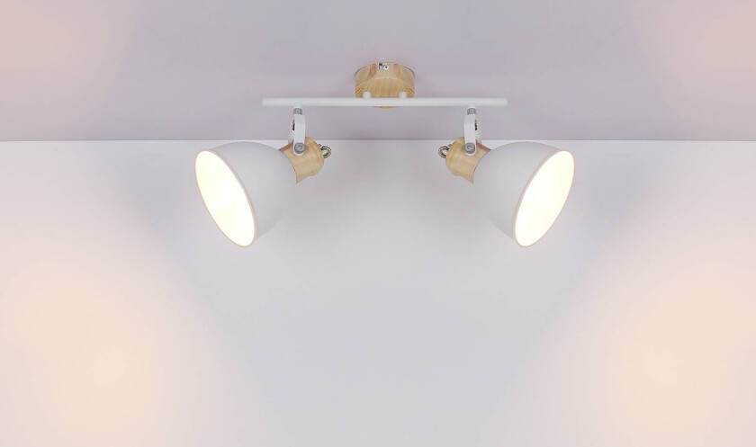 Taklampe Wiho i metall, hvit/tre, 2 lyskilder