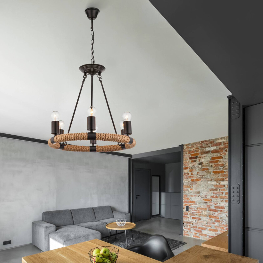 Rund LED-pendellampe Ulleu med hamptau 6 lyskilder