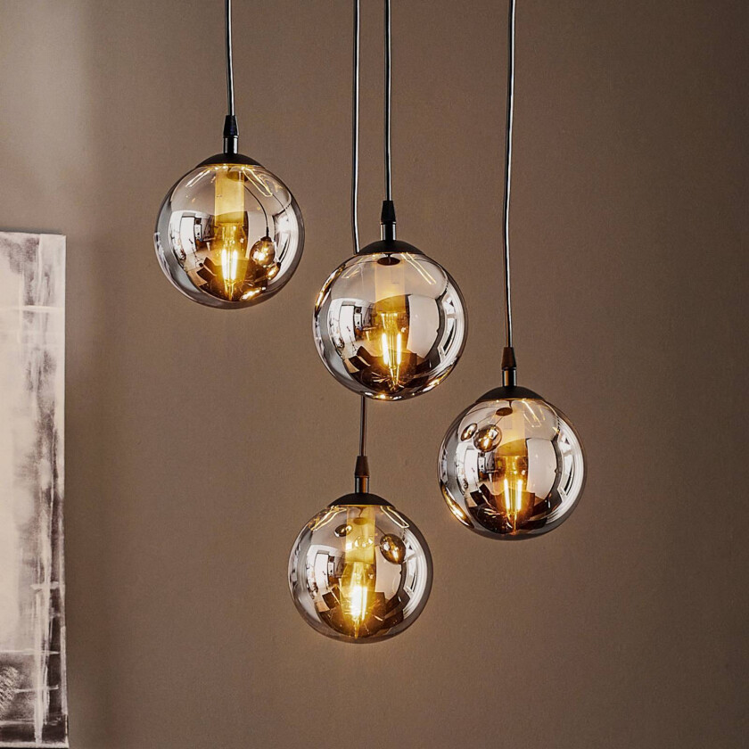 Glassy hengelampe, 4 lyskilder, svart, grafitt, glass, E14