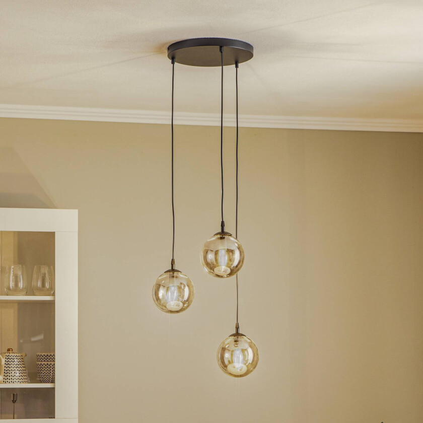 Glassy hengelampe, 3 lyskilder, rund, svart, grafitt, glass