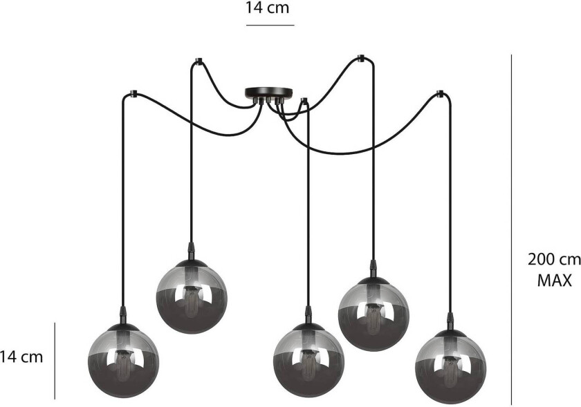 Glassy pendellampe, 5-lys, desentralisert, svart, grafitt