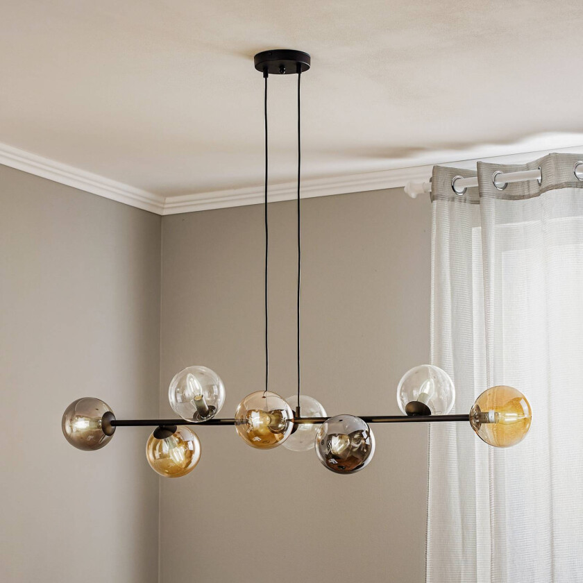 Glassy pendellampe, 8-lys, svart, grafitt/amber/klar