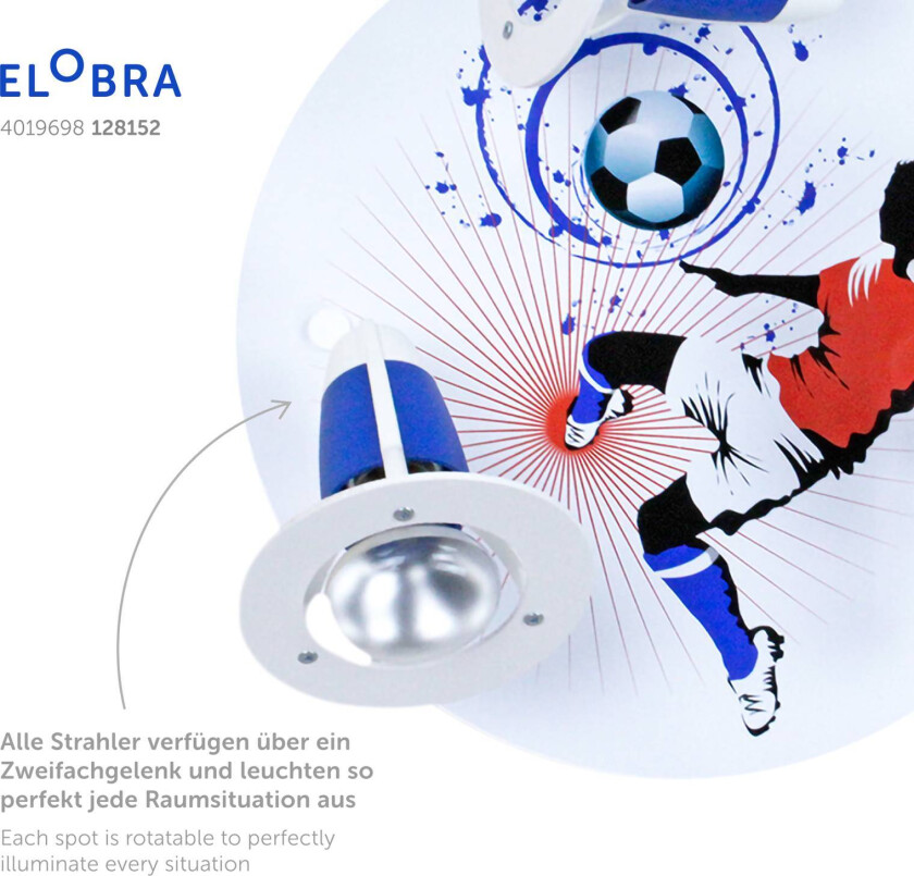 Taklampe Soccer, 3 lyskilder, blå og hvit