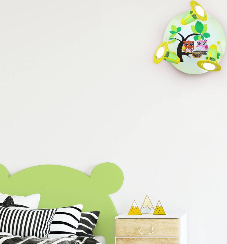 Taklampe Ugle til barnerom, grønn og gul
