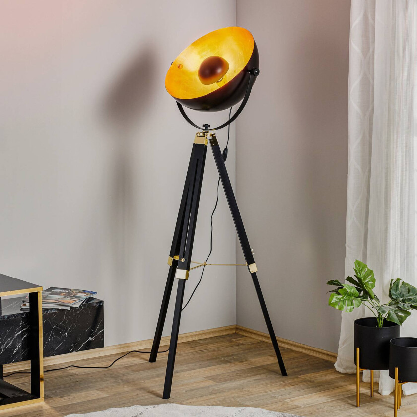 Gulvlampe Covaleda med trebent stamme, svart/gull