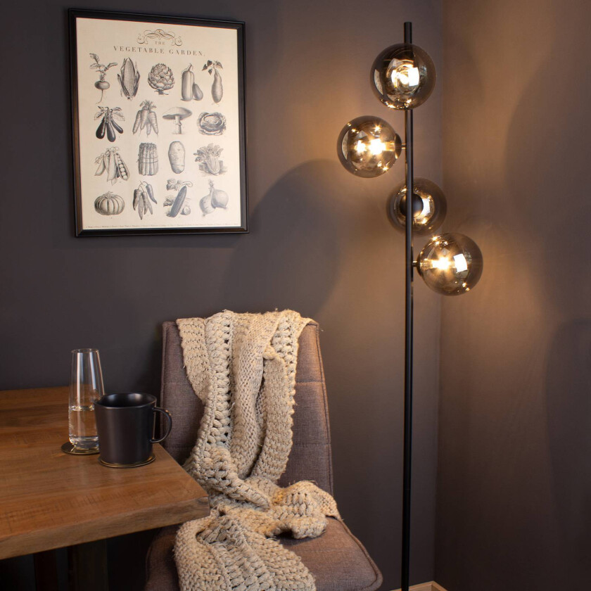 Gulvlampe Neptun med røykglasskuler, svart