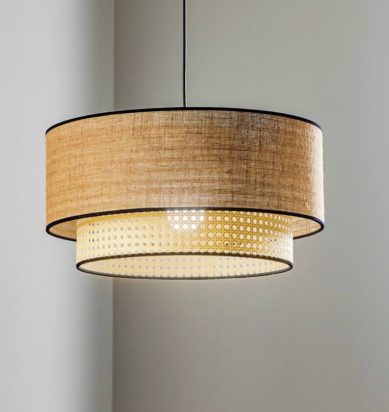 Hengelampe Boho, rotting, tekstil, beige/svart