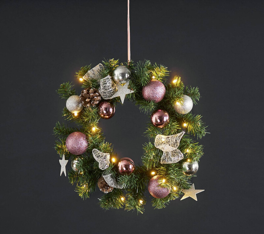 LED-julekrans Noel med sølv-/rosafarget dekorasjon