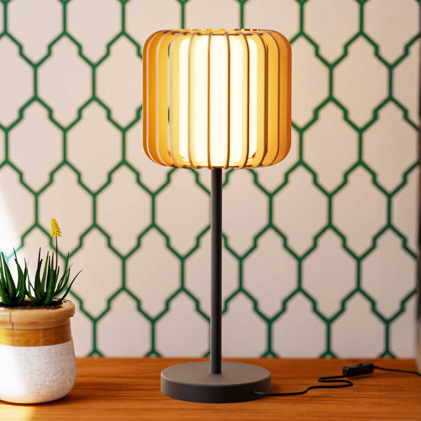 bordlampe Viva, lysebrun, tre/metall, høyde 49 cm