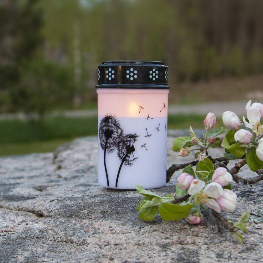 Bilde av LED gravlys Løvetann, 12 cm hvit/svart plast batteri