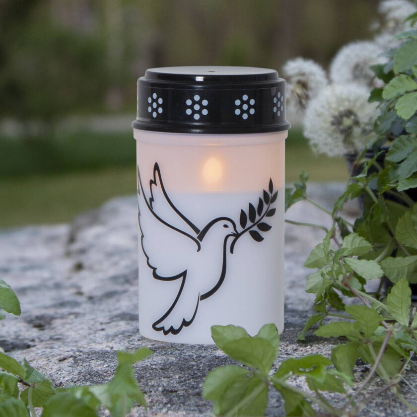 Bilde av LED gravlys Dove, hvit/svart plast 12,5 cm batteri