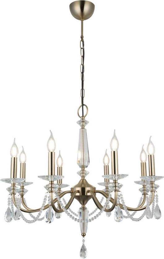 Lysekrone Adone, rund, 8 lyskilder, messing, krystallglass