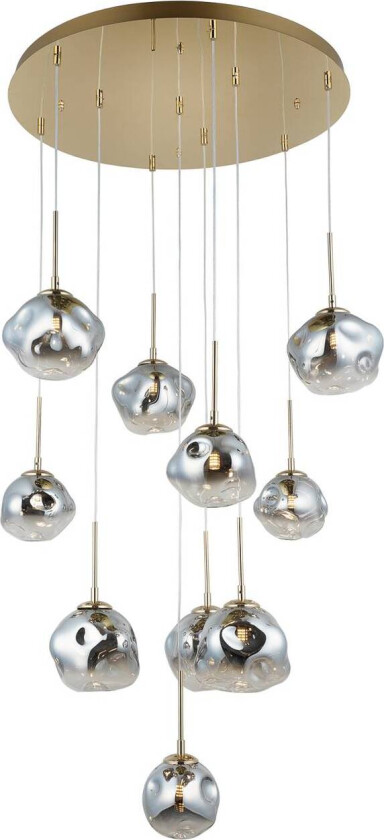 Hengelampe, 10 lyskilder, gullfarget, Ø 66 cm, glass