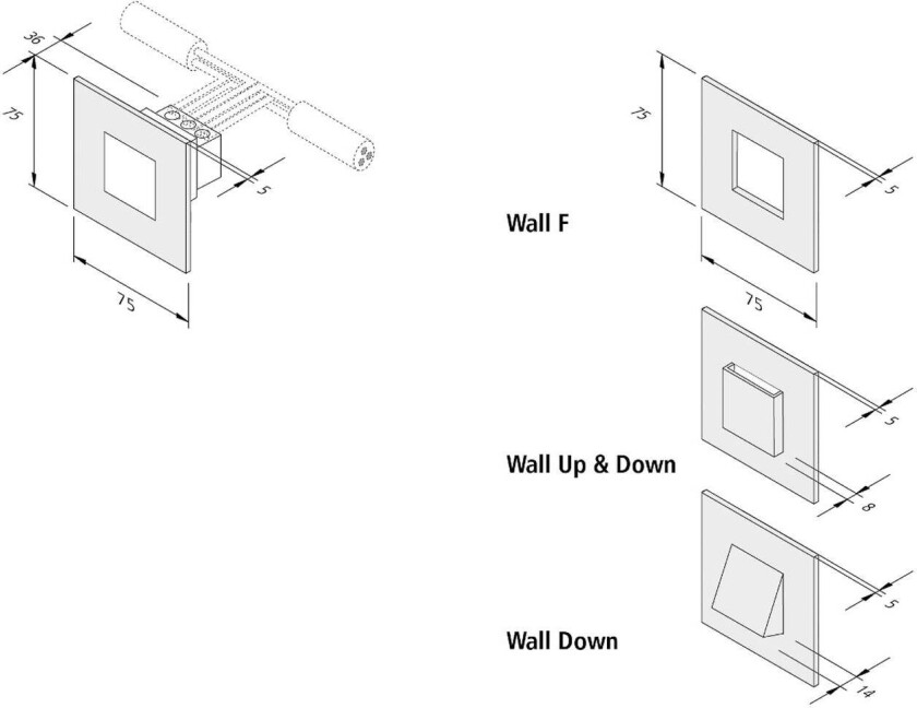 LED innfelt vegglampe Wall F, svart, 7,5 x 7,5 cm, metallplate