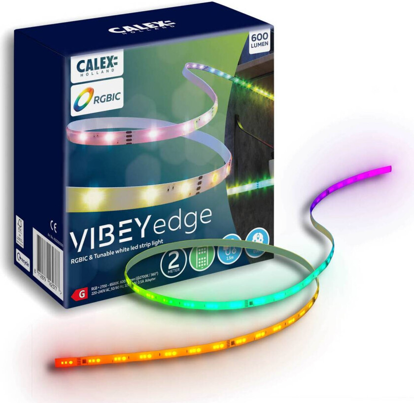 LED-stripe Vibey, lengde 2 m, plugg, fjernkontroll, RGB, CCT