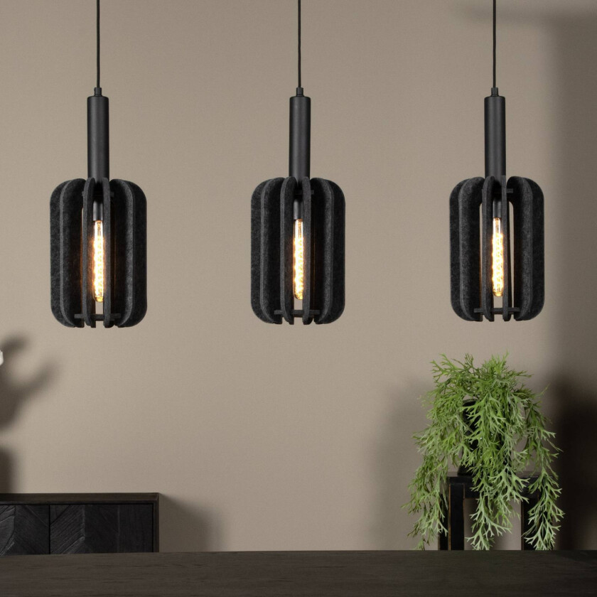 Rafal hengelampe i tekstil, grå, kantet, 3 lyskilder