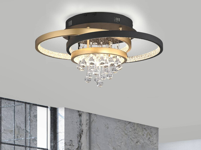 Paul Neuhaus taklampe Rotazo, svart/messingfarget