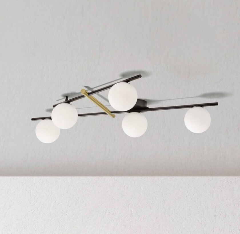 Kika taklampe, 5 lyskilder, svart/hvit, metall, glass