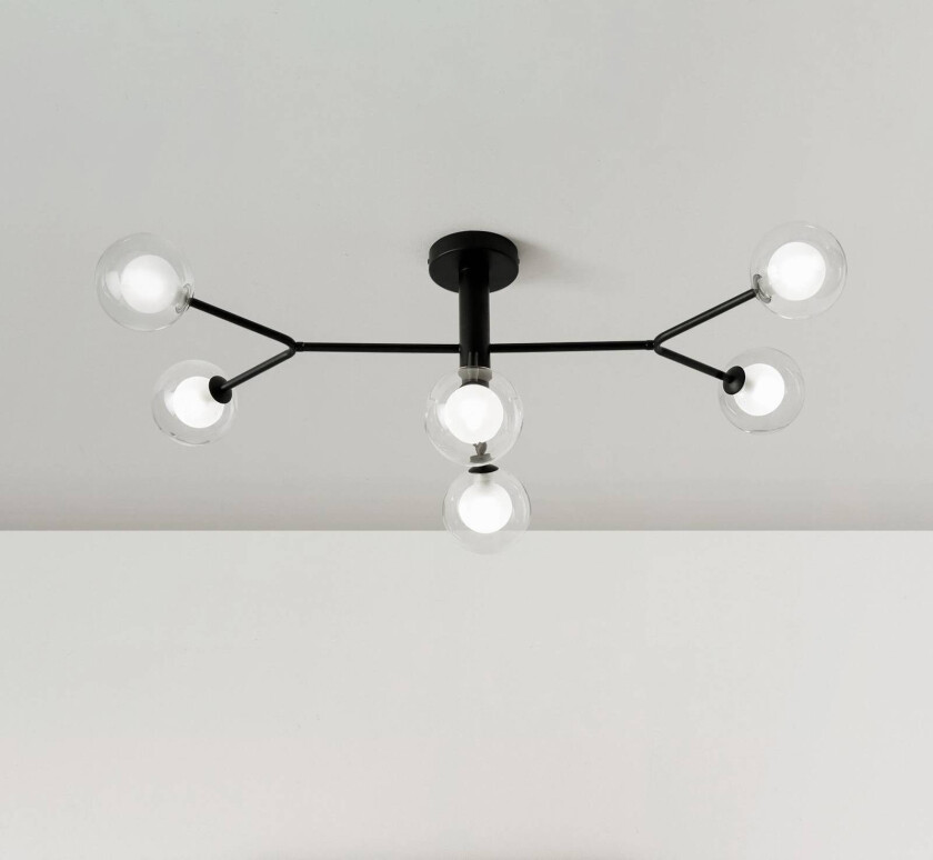 Cosmo taklampe, 6 lyskilder, svart/klar, glass