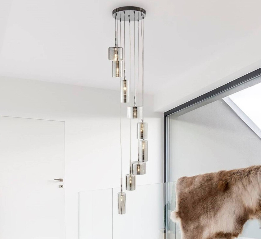 Hengelampe Linen, 9 lyskilder, krom/røykfarget, glass, G4