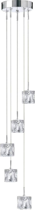 Ice Cube LED hengelampe, 5 lyskilder, krom, krystallglass
