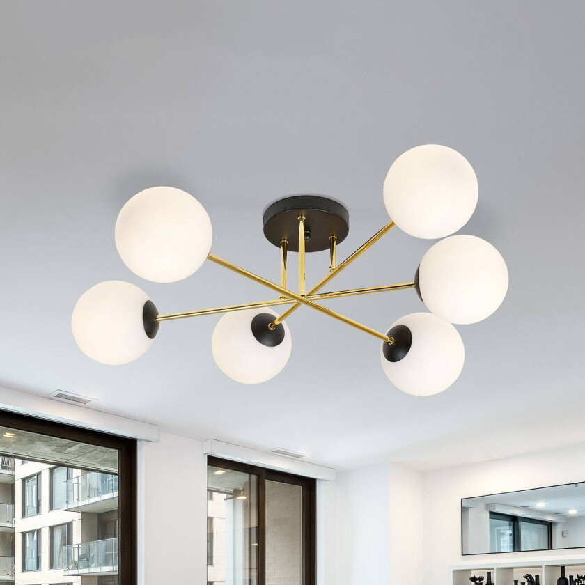 Magnum taklampe, 6 lyskilder, opal hvit/gull/svart, glass