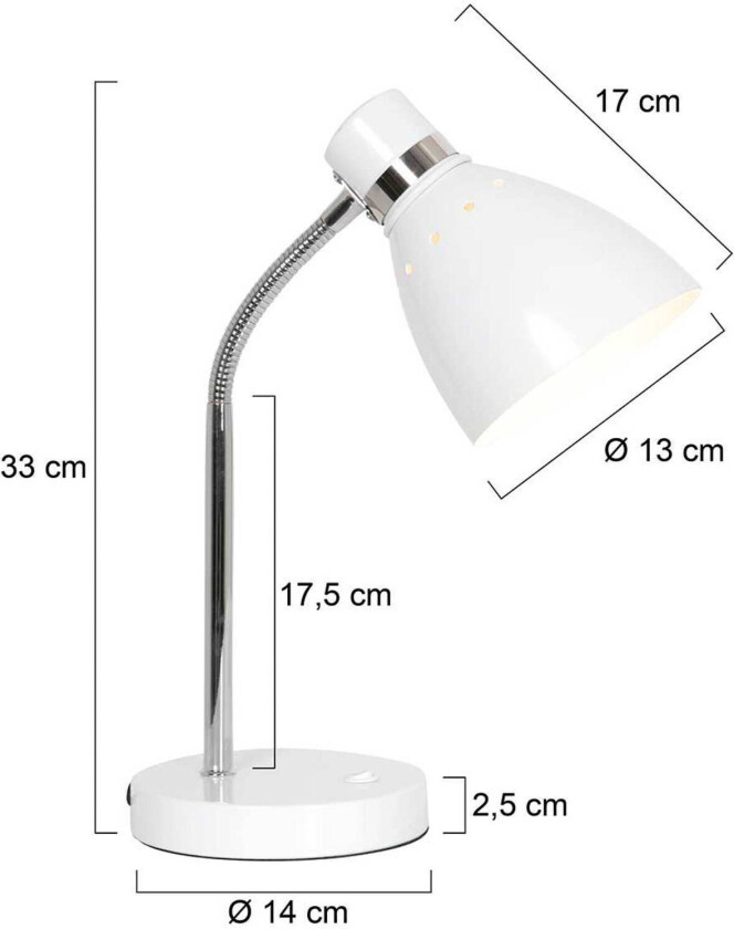 Bordlampe med fjær, hvit, metall, fleksibel arm, med bryter