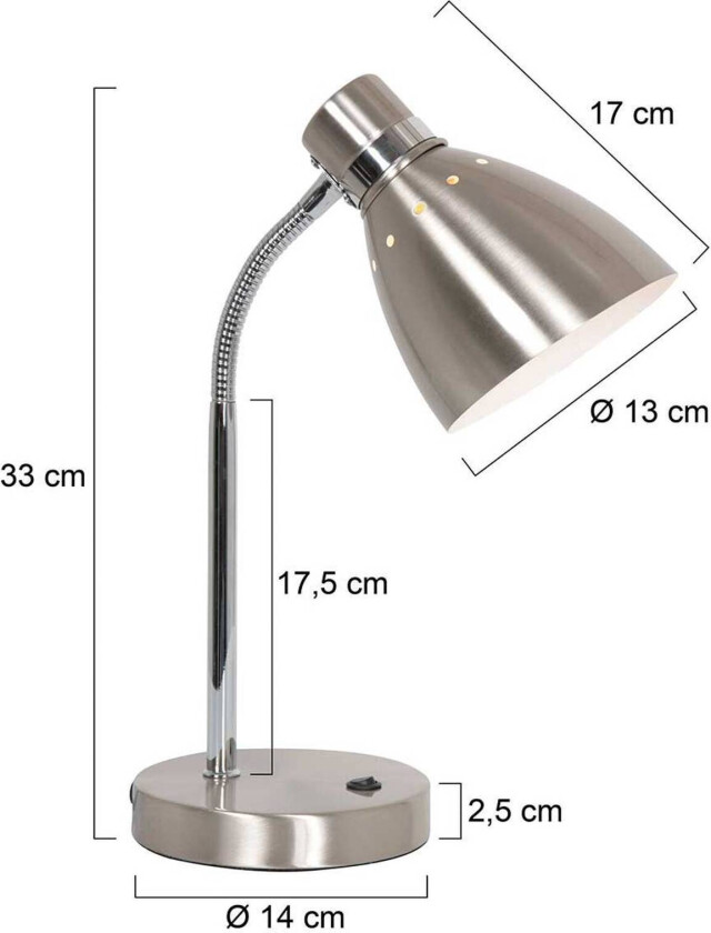 Bordlampe med fjær, stålfarget, metall, fleksibel arm, bryter