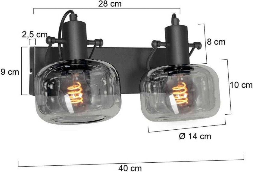 Glaslic vegglampe, 2 lyskilder, røykgrå, glass, metall