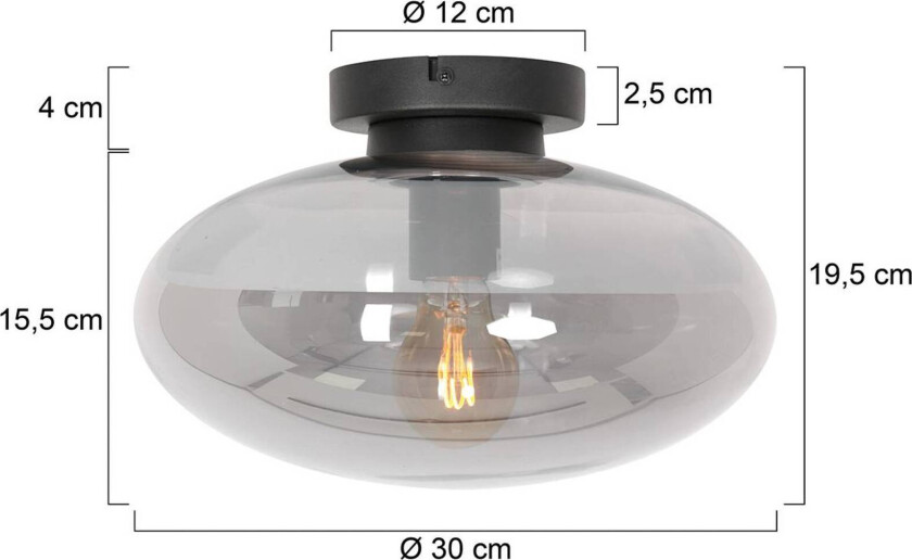 Reflexion taklampe, Ø 30 cm, glass, svart/røykgrå