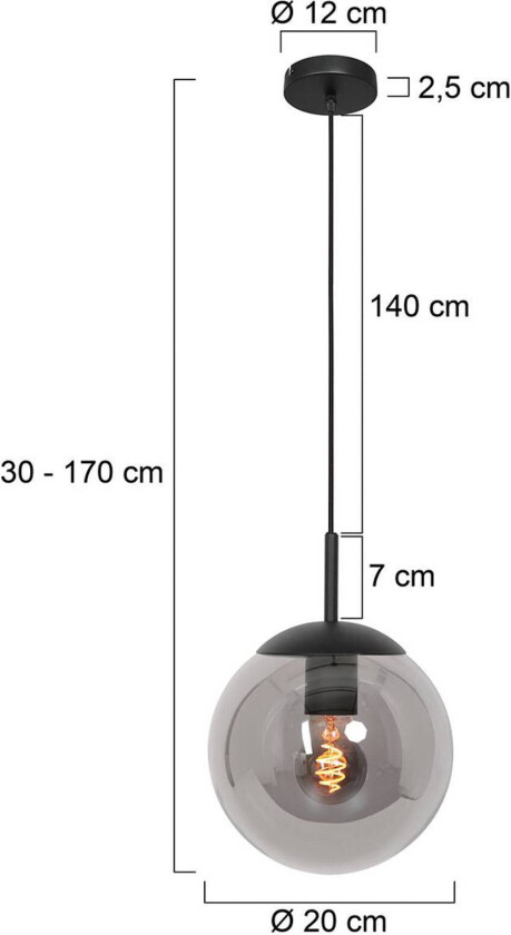 Bollique hengelampe, svart, Ø 20 cm, glass, 1 lyskilde, kuppel